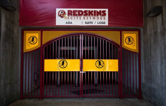 The Washington Redskins logo is seen on FedEx Field in Landover, Maryland on Thursday, July 16, 2020. Washington s football team announced earlier this week that they plan on retiring the team s name and will announce a replacement shortly.  WAP20200716332 KEVINxDIETSCH