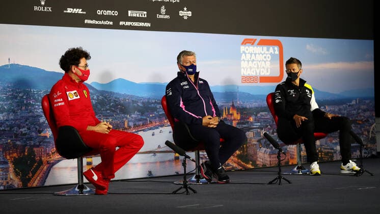 Motorsports: FIA Formula One World Championship, WM, Weltmeisterschaft 2020, Grand Prix of Hungary Motorsports: FIA Formula One World Championship 2020, Grand Prix of Hungary, Mattia Binotto (ITA, Scuderia Ferrari Mission Winnow), Otmar Szafnauer (ROU, BWT Racing Point F1 Team), Marcin Budkowski (POL, Renault DP World F1 Team),