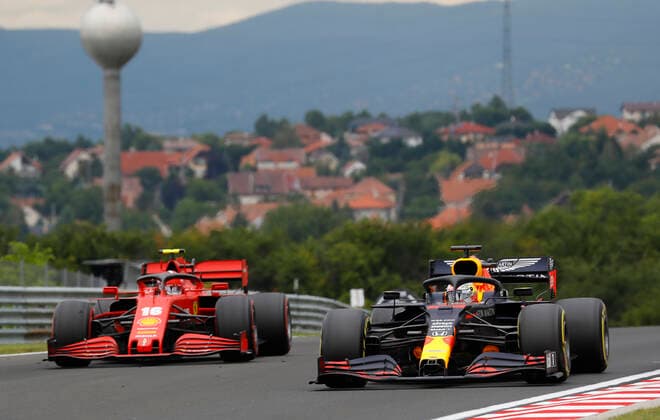 Motorsports: FIA Formula One World Championship, WM, Weltmeisterschaft 2020, Grand Prix of Hungary Motorsports: FIA Formula One World Championship 2020, Grand Prix of Hungary, 33 Max Verstappen (NLD, Aston Martin Red Bull Racing), 16 Charles Leclerc (MCO, Scuderia Ferrari Mission Winnow),