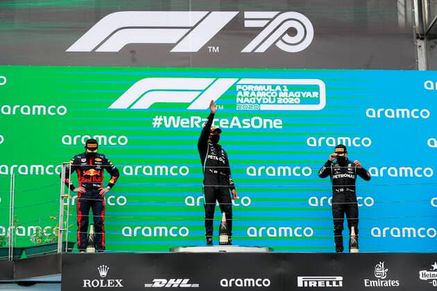 Motorsports: FIA Formula One World Championship, WM, Weltmeisterschaft 2020, Grand Prix of Hungary Motorsports: FIA Formula One World Championship 2020, Grand Prix of Hungary, 33 Max Verstappen (NLD, Aston Martin Red Bull Racing), 44 Lewis Hamilton (GBR, Mercedes-AMG Petronas Formula One Team), 77 Valtteri Bottas (FIN, Mercedes-AMG Petronas Formula One Team),