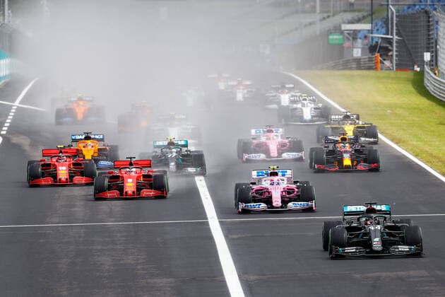 Bilder des Jahres 2020, Sport 07 Juli Sport Themen der Woche KW29 Sport Bilder des Tages Motorsports: FIA Formula One World Championship, WM, Weltmeisterschaft 2020, Grand Prix of Hungary, Start, 44 Lewis Hamilton (GBR, Mercedes-AMG Petronas Formula One Team), 18 Lance Stroll (CAN, BWT Racing Point F1 Team), 5 Sebastian Vettel (GER, Scuderia Ferrari Mission Winnow), 16 Charles Leclerc (MCO, Scuderia Ferrari Mission Winnow), 77 Valtteri Bottas (FIN, Mercedes-AMG Petronas Formula One Team), 33 Max Verstappen (NLD, Aston Martin Red Bull Racing), Budapest Hungary