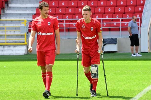 ANTWERPEN, BELGIUM - JULY 21 : Louis Verstraete and Sander Coopman forward of Antwerp pictured during the team photo shoot of Royal Antwerp FC prior the Jupiler Pro league football season 2020 - 2021 on July 21, 2020 in Antwerpen, Belgium , 21 07 2020 FOOTBALL : Royal Anvers FC photo shoot 2020 - 2021 - 21 07 2020 PhotoNews Panoramic 