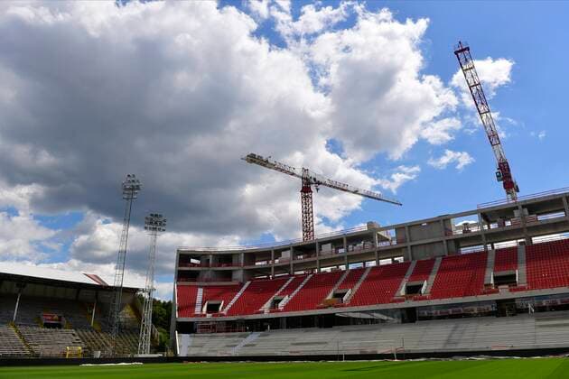 ANTWERPEN, BELGIUM - JULY 21 : old stand Tribune 2 and new stand tribune 4 pictured during the team photo shoot of Royal Antwerp FC prior the Jupiler Pro league football season 2020 - 2021 on July 21, 2020 in Antwerpen, Belgium , 21 07 2020 FOOTBALL : Royal Anvers FC photo shoot 2020 - 2021 - 21 07 2020 PhotoNews Panoramic 