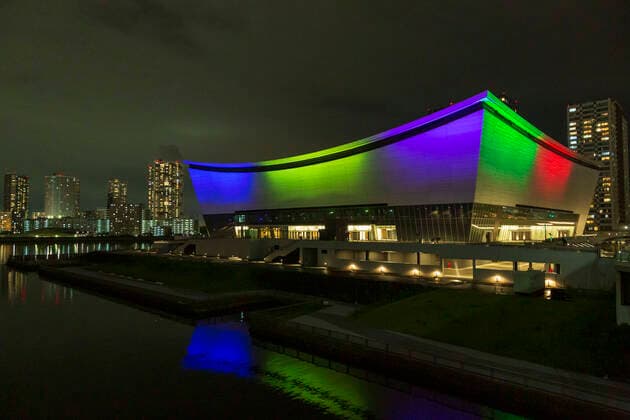 July 23, 2020, Tokyo, Japan: The Olympic venue Ariake Arena is light up with the colors of the Olympic and Paralympic Games to cheer on and support athletes preparing for the Games. Some Olympic venues were illuminated exactly a year before the opening of the Olympic Games, Olympische Spiele, Olympia, OS Tokyo 2020, postponed due to the novel coronavirus pandemic. The buildings were also illuminated in blue color to pay tribute to medical service workers fighting against the COVID-19. Tokyo Japan - ZUMAm191 0102619685st Copyright: xRodrigoxReyesxMarinx