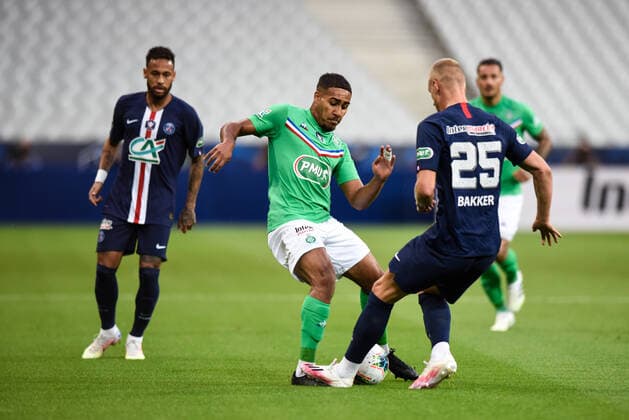 Yvann Macon ( 27 - Saint Etienne ) - Neymar Jr ( 10 - PSG ) - Mitchel Bakker ( 25 - PSG ) - FOOTBALL : Paris Saint Germain vs AS Saint Etienne - Finale Coupe de France - Saint Denis - 24 07 2020 FedericoPestellini Panoramic 
