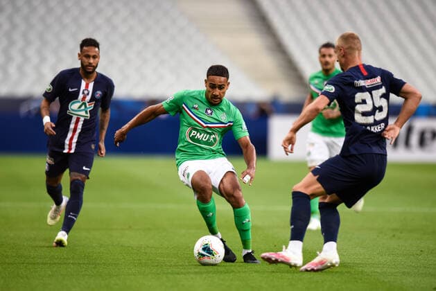 Yvann Macon ( 27 - Saint Etienne ) - Neymar Jr ( 10 - PSG ) - Mitchel Bakker ( 25 - PSG ) - FOOTBALL : Paris Saint Germain vs AS Saint Etienne - Finale Coupe de France - Saint Denis - 24 07 2020 FedericoPestellini Panoramic 