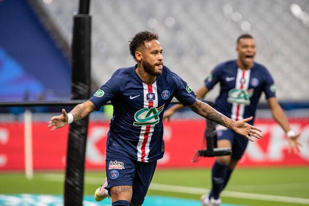 Paris Saint Germain s Neymar JR celebrates after scoring the first goal during the Coupe de France soccer final match between Paris Saint Germain (PSG) and AS Saint Etienne, in Saint-Denis near Paris, France, 24 July 2020.  Copyright: xAurelienxMorissardx