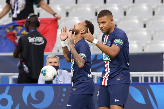 Joie sur but de Neymar (PSG) - Kylian Mbappe (PSG) FOOTBALL : Paris Saint Germain Vs AS Saint Etienne - Coupe de France - Finale - 24 07 2020 MichaelBaucher Panoramic 