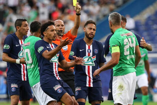 Kylian Mbappe (PSG) - Neymar (PSG) Vs Perrin (ASSE) FOOTBALL : Paris Saint Germain Vs AS Saint Etienne - Coupe de France - Finale - 24 07 2020 MichaelBaucher Panoramic 