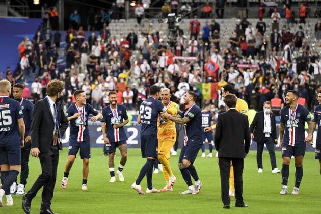 JOIE - 01 KEYLOR NAVAS (PSG) - 18 MAURO ICARDI (PSG) - 21 ANDER HERRERA (PSG) FOOTBALL : Paris SG vs Saint Etienne - Coupe de France - Finale - 24 07 2020 FEP Panoramic 