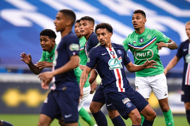 Wesley Fofana ( 3 - Saint Etienne ) - Marquinhos ( 5 - PSG ) - Thiago Silva ( 2 - PSG ) - KOLODZIEJCZAK Timothee ( 5 - Saint Etienne ) - FOOTBALL : Paris Saint Germain vs AS Saint Etienne - Finale Coupe de France - Saint Denis - 24 07 2020 FedericoPestellini Panoramic 