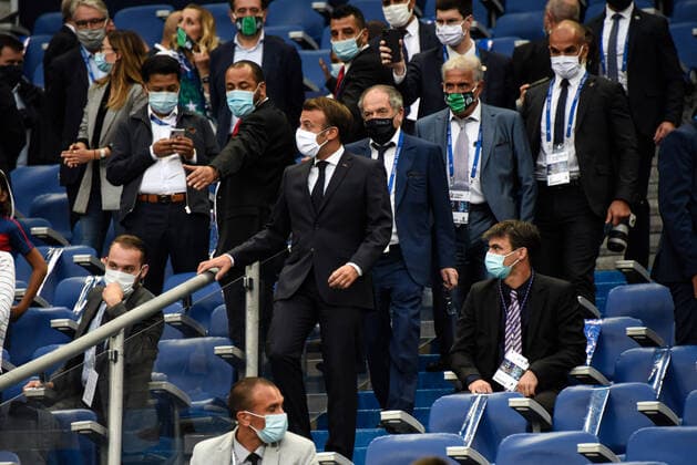 Presentation - Line up Emmanuel Macron ( president de la Republique ) - Noel Le Graet ( president FFF ) - Bernard Caiazzo ( president Saint Etienne ) - FOOTBALL : Paris Saint Germain vs AS Saint Etienne - Finale Coupe de France - Saint Denis - 24 07 2020 FedericoPestellini Panoramic 