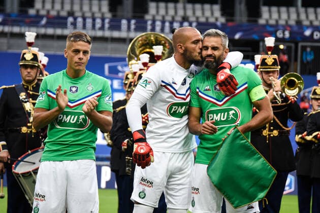 Presentation - Line up Loic Perrin ( 24 - Saint Etienne ) - Jessy Moulin ( 30 - Saint Etienne ) - Romain Hamouma ( 21 - Saint Etienne ) - FOOTBALL : Paris Saint Germain vs AS Saint Etienne - Finale Coupe de France - Saint Denis - 24 07 2020 FedericoPestellini Panoramic 