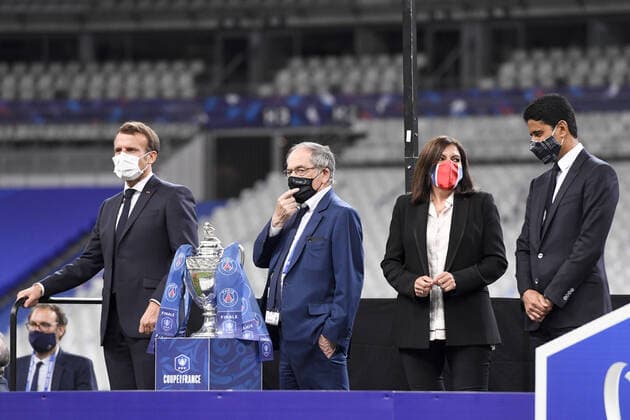 EMMANUEL MACRON - ANNE HIDALGO (MAIRE DE PARIS) - NOEL LE GRAET (PRESIDENT FFF) - Nasser AL KHELAIFI (President PSG) FOOTBALL : Paris SG vs Saint Etienne - Coupe de France - Finale - 24 07 2020 FEP Panoramic 