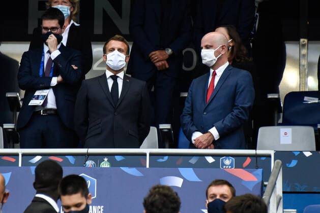 Emmanuel Macron ( president de la Republique ) - Jean Michel Blanquer ( Ministre de l Education Nationale ) FOOTBALL : Paris Saint Germain vs AS Saint Etienne - Finale Coupe de France - Saint Denis - 24 07 2020 FedericoPestellini Panoramic 