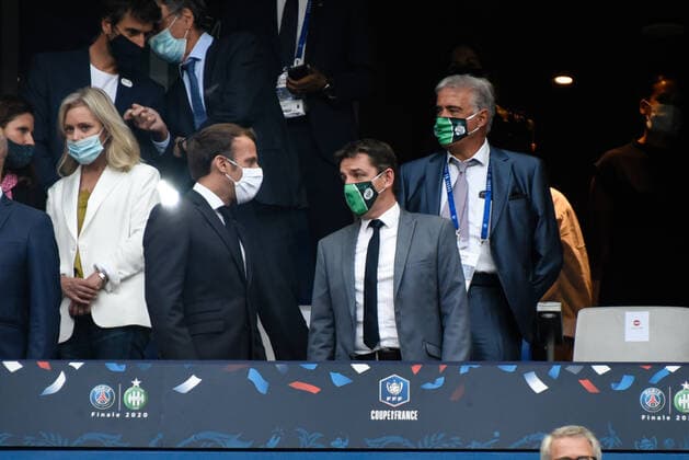Emmanuel Macron ( president de la Republique ) - Gael Perdriau ( maire de saint etienne ) FOOTBALL : Paris Saint Germain vs AS Saint Etienne - Finale Coupe de France - Saint Denis - 24 07 2020 FedericoPestellini Panoramic 