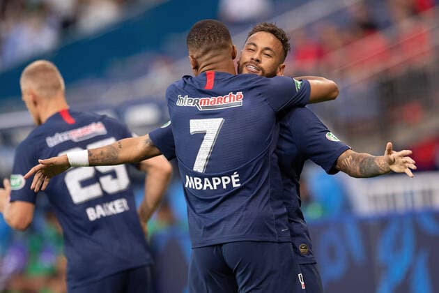 (200725) -- PARIS, July 25, 2020 -- Paris St Germain s Neymar (R) celebrates scoring their first goal with Kylian Mbappe during the French Cup final match between AS Saint-Etienne and Paris Saint Germain at Stade de France in Saint-Denis, outside Paris, France, July 24, 2020. (SP)FRANCE-PARIS-FOOTBALL-FRENCH CUP-FINAL GaoxJingtonglian 