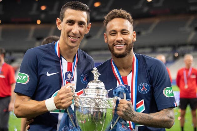 (200725) -- PARIS, July 25, 2020 -- Paris St Germain s Angel Di Maria (L) and Neymar celebrate with the trophy after winning the French Cup final match between AS Saint-Etienne and Paris Saint Germain at Stade de France in Saint-Denis, outside Paris, France, July 24, 2020. (SP)FRANCE-PARIS-FOOTBALL-FRENCH CUP-FINAL GaoxJingtonglian 