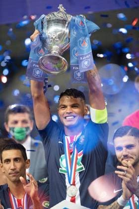 (200725) -- PARIS, July 25, 2020 -- Paris St Germain s Thiago Silva celebrates with the trophy after winning the French Cup final match between AS Saint-Etienne and Paris Saint Germain at Stade de France in Saint-Denis, outside Paris, France, July 24, 2020. (SP)FRANCE-PARIS-FOOTBALL-FRENCH CUP-FINAL GaoxJingtonglian 