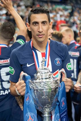 (200725) -- PARIS, July 25, 2020 -- Paris St Germain s Angel Di Maria celebrates with the trophy after winning the French Cup final match between AS Saint-Etienne and Paris Saint Germain at Stade de France in Saint-Denis, outside Paris, France, July 24, 2020. (SP)FRANCE-PARIS-FOOTBALL-FRENCH CUP-FINAL GaoxJingtonglian 