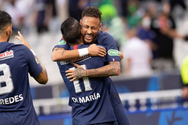 (200725) -- PARIS, July 25, 2020 -- Paris St Germain s Neymar (R) celebrates scoring their first goal with Angel Di Maria during the French Cup final match between AS Saint-Etienne and Paris Saint Germain at Stade de France in Saint-Denis, outside Paris, France, July 24, 2020. (SP)FRANCE-PARIS-FOOTBALL-FRENCH CUP-FINAL GaoxJingtonglian 