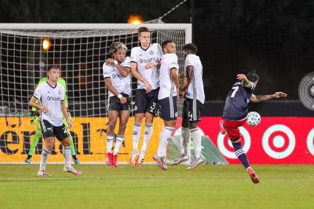 July 26, 2020, Orlando, FL, USA: ORLANDO, FL - JULY 25: New England Revolution forward Gustavo Bou (7) takes a penalty kick during the soccer match between the Philadelphia Union and the New England Revolution on July 25, 2020, at ESPN Wide World of Sports Complex in Orlando, FL. ( Icon Sportswire) Orlando USA - ZUMAi88_ 20200726_zaf_i88_007 Copyright: xJoexPetrox