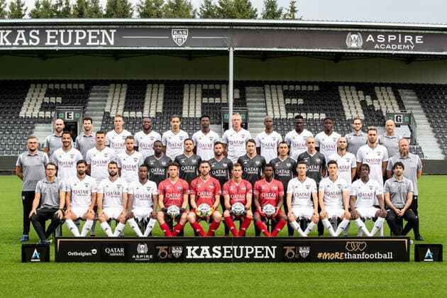 (upper row L-R) warehouse man Scott Nicoll, physiotherapist Jose Luis Rubio, Nils Schouterden, Sibiry Keita, new player Marciano Aziz, Emmanuel Sowah, Andreas Beck, Knowledge Musona, Carlos Embalo, Ignace Ndri, physiotherapist Daniel Salazar, physiotherapist Javier Perez, (middle row L-R) team manager Michael Radermacher, Senna Miangue, Menno Koch, Boris Lambert, Ibrahim Diallo, physical coach Thibaut Meyer, assistant coach (T2) Manel Exposito, head coach Benat San Jose, physical coach Gaston Lloveras, goalkeeper coach Mauro Machado, player Jonathan Heris, Leonardo Rocha, warehouse man Jens Leys, (lower row L-R) Eupens s warehouse man Cyrile Vilvorder, Benoit Poulain, Jordi Amat, Silas Gnaka, goalkeeper Romain Matthys, new goalkeeper Theo Defourny, goalkeeper Ortwin De Wolf, goalkeeper Abdul Manaf Nurudeen, Jens Cools, Stef Peeters, new player Amara Baby and Doctor Alejandro Alvarez pose for the photographer, in marge of the 2020-2021 photoshoot of Belgian Jupiler Pro League club KAS Eupen, Monday 27 July 2020 in Eupen. BRUNOxFAHY x05830470x