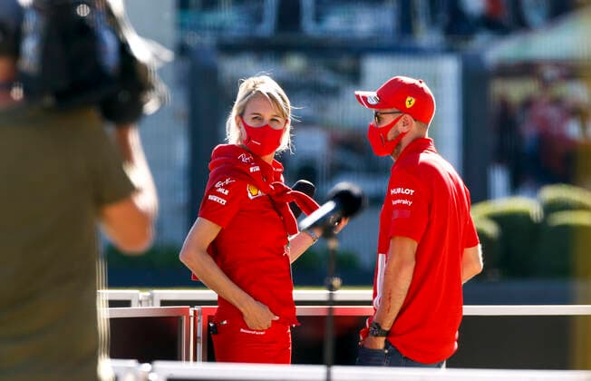 Motorsports: FIA Formula One World Championship, WM, Weltmeisterschaft 2020, Grand Prix of Great Britain, Britta Roeske (GER, Scuderia Ferrari Mission Winnow), 5 Sebastian Vettel (GER, Scuderia Ferrari Mission Winnow), Silverstone Great Britain