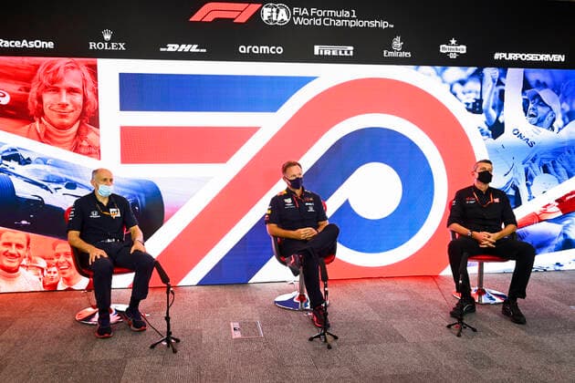 Motorsports: FIA Formula One World Championship, WM, Weltmeisterschaft 2020, Grand Prix of Great Britain Motorsports: FIA Formula One World Championship 2020, Grand Prix of Great Britain, Franz Tost (AUT, Scuderia AlphaTauri Honda), Christian Horner (GBR, Aston Martin Red Bull Racing), Guenther Steiner (ITA, Haas F1 Team),