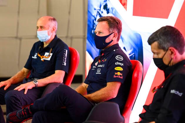 Motorsports: FIA Formula One World Championship, WM, Weltmeisterschaft 2020, Grand Prix of Great Britain Motorsports: FIA Formula One World Championship 2020, Grand Prix of Great Britain, Franz Tost (AUT, Scuderia AlphaTauri Honda), Christian Horner (GBR, Aston Martin Red Bull Racing), Guenther Steiner (ITA, Haas F1 Team),