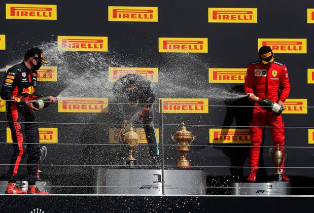 Motorsports: FIA Formula One World Championship, WM, Weltmeisterschaft 2020, Grand Prix of Great Britain Motorsports: FIA Formula One World Championship 2020, Grand Prix of Great Britain, 33 Max Verstappen (NLD, Aston Martin Red Bull Racing), 44 Lewis Hamilton (GBR, Mercedes-AMG Petronas Formula One Team), 16 Charles Leclerc (MCO, Scuderia Ferrari Mission Winnow),