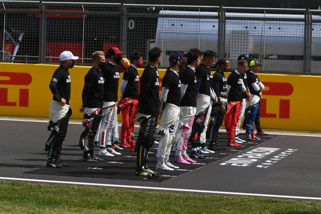 Motorsports: FIA Formula One World Championship, WM, Weltmeisterschaft 2020, Grand Prix of Great Britain Motorsports: FIA Formula One World Championship 2020, Grand Prix of Great Britain, F1 drivers on the grid in support of the Black Lives Matter movement against racism