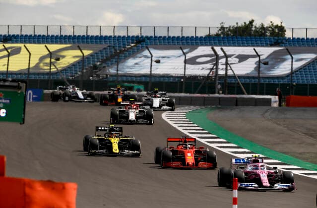 Motorsports: FIA Formula One World Championship, WM, Weltmeisterschaft 2020, Grand Prix of Great Britain, 18 Lance Stroll (CAN, BWT Racing Point F1 Team), 5 Sebastian Vettel (GER, Scuderia Ferrari Mission Winnow), 31 Esteban Ocon (FRA, Renault DP World F1 Team), Silverstone Great Britain