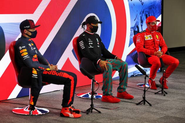 Motorsports: FIA Formula One World Championship, WM, Weltmeisterschaft 2020, Grand Prix of Great Britain Motorsports: FIA Formula One World Championship 2020, Grand Prix of Great Britain, 33 Max Verstappen (NLD, Aston Martin Red Bull Racing), 44 Lewis Hamilton (GBR, Mercedes-AMG Petronas Formula One Team), 16 Charles Leclerc (MCO, Scuderia Ferrari Mission Winnow),