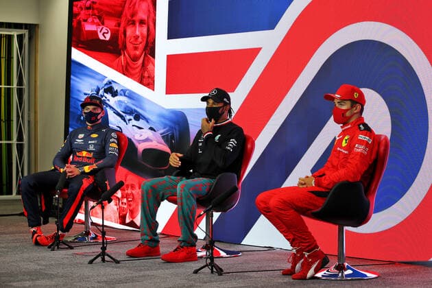 Motorsports: FIA Formula One World Championship, WM, Weltmeisterschaft 2020, Grand Prix of Great Britain Motorsports: FIA Formula One World Championship 2020, Grand Prix of Great Britain, 33 Max Verstappen (NLD, Aston Martin Red Bull Racing), 44 Lewis Hamilton (GBR, Mercedes-AMG Petronas Formula One Team), 16 Charles Leclerc (MCO, Scuderia Ferrari Mission Winnow),