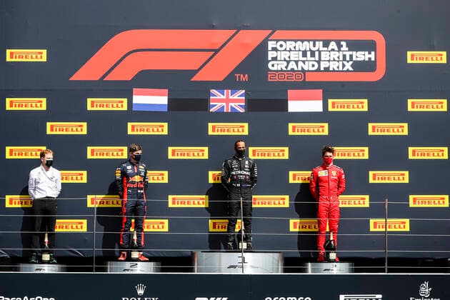 Motorsports: FIA Formula One World Championship, WM, Weltmeisterschaft 2020, Grand Prix of Great Britain Motorsports: FIA Formula One World Championship 2020, Grand Prix of Great Britain, 33 Max Verstappen (NLD, Aston Martin Red Bull Racing), 44 Lewis Hamilton (GBR, Mercedes-AMG Petronas Formula One Team), 16 Charles Leclerc (MCO, Scuderia Ferrari Mission Winnow),