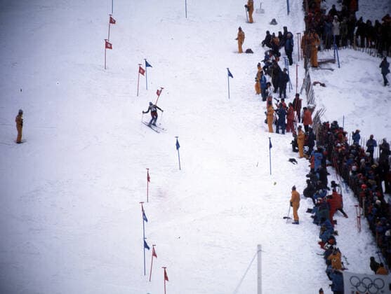 02.02.76 Olympia Innsbruck Österreich, Innsbruck, 02.02.1976, Winter Olympia 1976 in Innsbruck: Frauen Slalom Rosi Mittermaier (BRD). *** 02 02 76 Olympia Innsbruck Austria, Innsbruck, 02 02 1976, Winter Olympia 1976 in Innsbruck Women Slalom Rosi Mittermaier Germany