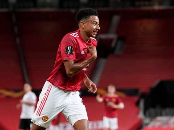 Bilder des Jahres 2020, Sport 08 August Sport Themen der Woche KW32 Sport Bilder des Tages Jesse Lingard of Manchester United, ManU celebrates scoring the equalising goal during the UEFA Europa League match at Old Trafford, Manchester. Picture date: 5th August 2020. Picture credit should read: Andrew Yates Sportimage EDITORIAL USE ONLY. No use with unauthorised audio, video, data, fixture lists, club league logos or live services. Online in-match use limited to 120 images, no video emulation. No use in betting, games or single club league player publications. SPI-0621-0052