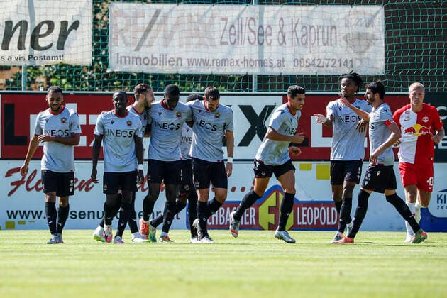 SOCCER - RBS vs Nice, test match ZELL AM SEE,AUSTRIA,08.AUG.20 - SOCCER - tipico Bundesliga, Ligue 1, Red Bull Salzburg vs OGC Nice, test match. Image shows the rejoicing of Nice. GEPAxpictures xJasminxWalter