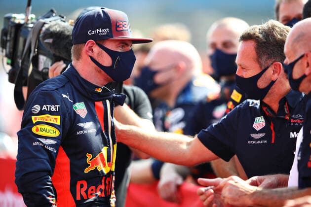 Motorsports: FIA Formula One World Championship, WM, Weltmeisterschaft 2020, Grand Prix of 70th Anniversary Motorsports: FIA Formula One World Championship 2020, Grand Prix of 70th Anniversary, 33 Max Verstappen (NLD, Aston Martin Red Bull Racing), Christian Horner (GBR, Aston Martin Red Bull Racing),