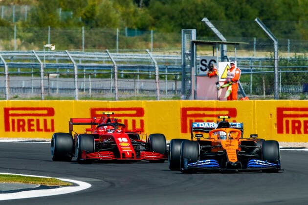 Motorsports: FIA Formula One World Championship, WM, Weltmeisterschaft 2020, Grand Prix of 70th Anniversary, 4 Lando Norris (GBR, McLaren F1 Team), 16 Charles Leclerc (MCO, Scuderia Ferrari Mission Winnow), Silverstone Great Britain