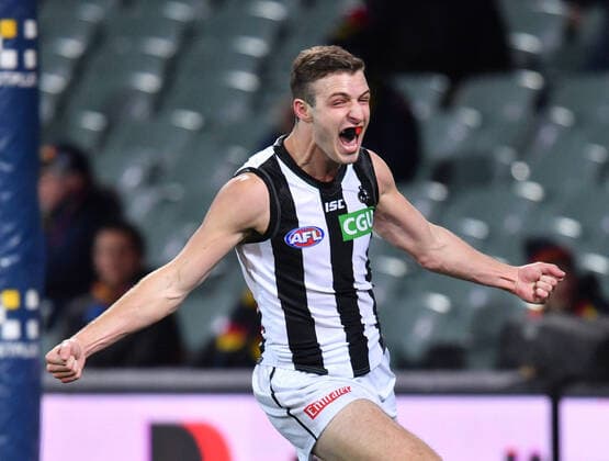 Bilder des Jahres 2020, Sport 08 August Sport Themen der Woche KW33 AFL CROWS MAGPIES, Trey Ruscoe of the Magpies reacts after scoring a goal during the Round 11 AFL match between the Adelaide Crows and the Collingwood Magpies at the Adelaide Oval in Adelaide, Tuesday, August 11, 2020. ( NO ARCHIVING, EDITORIAL USE ONLY, NO USE IN BOOKS WITHOUT CONSENT ADELAIDE SA AUSTRALIA  Copyright: xDAVIDxMARIUZx 20200811001484442663