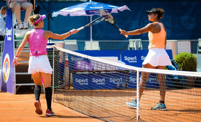 August 12, 2020, Prague, CZECH REPUBLIC: Laura Siegemund of Germany & Mayar Sherif of Egypt after their second-round match at the 2020 Prague Open WTA, Tennis Damen International tennis tournament Prague CZECH REPUBLIC - ZUMAa181 20200812_zaa_a181_025 Copyright: xRobxPrangex