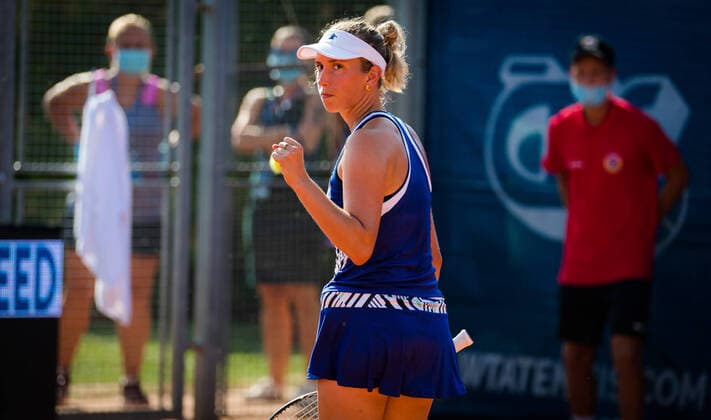 August 12, 2020, Prague, CZECH REPUBLIC: Elise Mertens of Belgium in action during the second round against Camila Giorgi of Italy at the 2020 Prague Open WTA, Tennis Damen International tennis tournament Prague CZECH REPUBLIC - ZUMAa181 20200812_zaa_a181_070 Copyright: xRobxPrangex