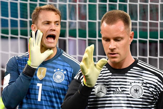 FOTOMONTAGE: Manuel NEUER und Marc Andre TER STEGEN treffen im Champions League Kracher FC Barcelona, Barca FC Bayern Muenchen aufeinander. Archivfoto: Zum Torwart Zoff zwischen Manuel NEUER und Marc Andre TER STEGEN Archivfoto; Fussball Laenderspiel, Freundschaftsspiel, Oesterreich (AUT)-Deutschland (GER) 2-1, am 02.06.2018 Woerthersee Stadion in Klagenfurt Oesterreich Ã‚Â