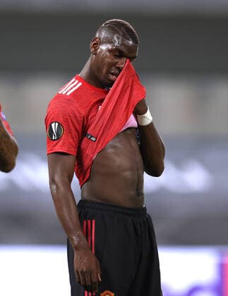 Fussball: EL, Europa League, Saison 19 20, Viertelfinale , 10.08.2020 Manchester United, ManU -FC Kopenhagen United Paul Pogba , Gestik , Geste , Enttäuschung , enttäuscht , Enttaeuschung , enttaeuscht , unzufrieden , Sport: Fussball: EL, Europa League, Saison 19 20, Viertelfinale, 10.08.2020 Manchester United - FC Kopenhagen Foto: Jürgen Fromme firosportphoto POOL Stadt Köln RheinEnergieSTADION Bundesland NRW Deutschland