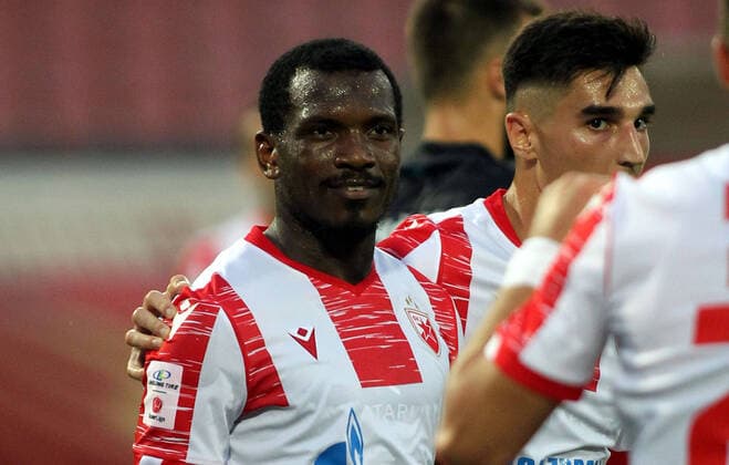 14.08.2020 Belgrade(Serbia) FK Crvena Zvezda(FC Red Star)-FK Spartak Subotica Linglong Superliga men s football El Fardou Ben, Zeljko Gavric Crvena Zvezda(Red Star) celebrate goal : 