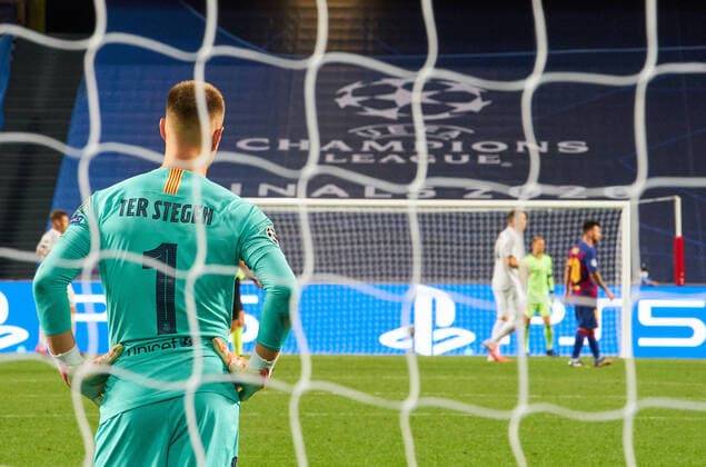 FC BAYERN MUENCHEN - FC Barcelona, Barca 8-2 , Football UEFA Champions League Lisbon, Lissabon, Portugal, 14th August 2020. Marc-Andre TER STEGEN, Barca 1 in the quarterfinal UEFA Champions League match final tournament FC BAYERN MUENCHEN - FC BARCELONA 8-2 in Season 2019 2020, FCB, Munich, Barca Photographer: Peter Schatz Pool - UEFA REGULATIONS PROHIBIT ANY USE OF PHOTOGRAPHS as IMAGE SEQUENCES and or QUASI-VIDEO - National and international News-Agencies OUT Editorial Use ONLY Lisbon Estadio da Luz de Benfica Portugal