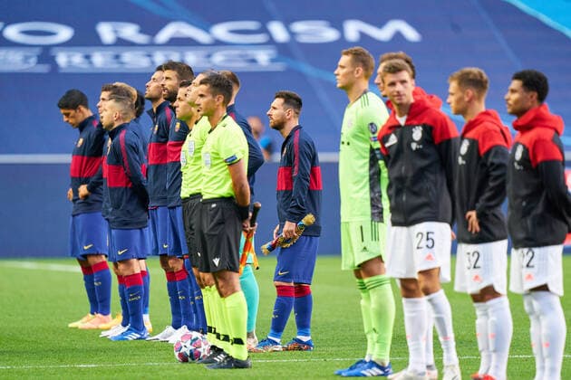 FC BAYERN MUENCHEN - FC Barcelona, Barca 8-2 , Football UEFA Champions League Lisbon, Lissabon, Portugal, 14th August 2020. teams presentation, Manuel NEUER, FCB 1 Lionel MESSI, Barca 10 Gerard PIQUE, Barca 3 in the quarterfinal UEFA Champions League match final tournament FC BAYERN MUENCHEN - FC BARCELONA 8-2 in Season 2019 2020, FCB, Munich, Barca Photographer: Peter Schatz Pool - UEFA REGULATIONS PROHIBIT ANY USE OF PHOTOGRAPHS as IMAGE SEQUENCES and or QUASI-VIDEO - National and international News-Agencies OUT Editorial Use ONLY Lisbon Estadio da Luz de Benfica Portugal