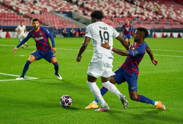 FC BAYERN MUENCHEN - FC Barcelona, Barca 8-2 , Football UEFA Champions League Lisbon, Lissabon, Portugal, 14th August 2020. Alphonso DAVIES, FCB 19 against Nelson SEMEDO, Barca 2 before 5-2 goal, Joshua KIMMICH, FCB 32 in the quarterfinal UEFA Champions League match final tournament FC BAYERN MUENCHEN - FC BARCELONA 8-2 in Season 2019 2020, FCB, Munich, Barca Photographer: Peter Schatz Pool - UEFA REGULATIONS PROHIBIT ANY USE OF PHOTOGRAPHS as IMAGE SEQUENCES and or QUASI-VIDEO - National and international News-Agencies OUT Editorial Use ONLY Lisbon Estadio da Luz de Benfica Portugal